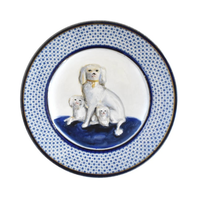 This is a family grouping of Mathilda and her two puppies, antique English Staffordshire Poodles with confetti fur on a...