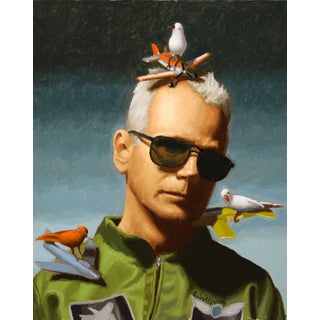 Flight Crew by Shawn Sullivan | Oil Painting of a man with toy planes and birds on his head For Sale