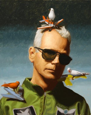 Flight Crew by Shawn Sullivan | Oil Painting of a man with toy planes and birds on his head
