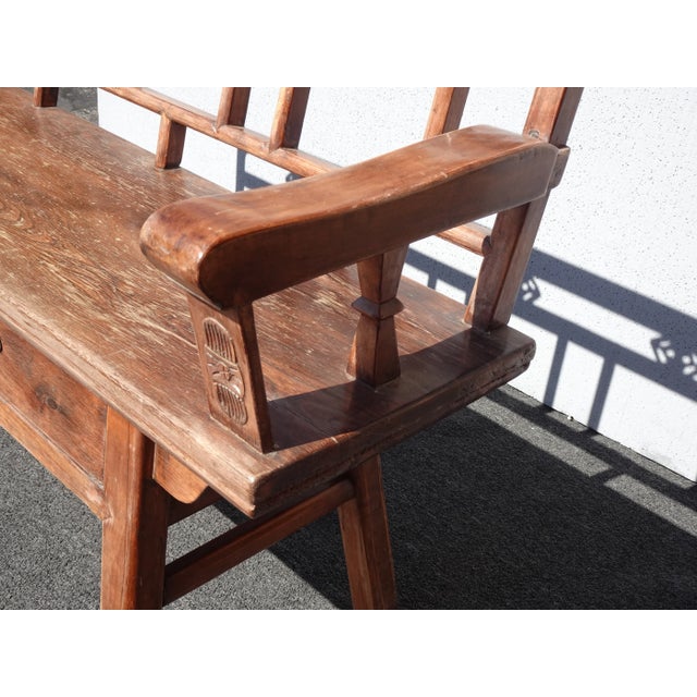 Vintage Rustic Chinoiserie Teak Bench W Two Drawers For Sale - Image 9 of 17