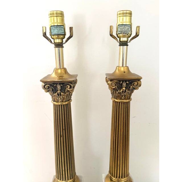Brass Mid 20th Century Italian White Marble and Carved Brass Neoclassical Column Lamps, a Pair For Sale - Image 8 of 11
