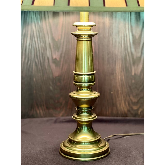 Vintage MCM Stiffel Brass Lamp Custom Beige and Burgundy Lamp Shade 28"H to top of Finial 5-1/2" Diameter base 15"H base...