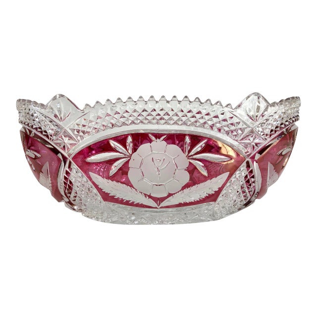 Art Deco Style Cranberry Cut to Clear Oval Scalloped Bowl For Sale