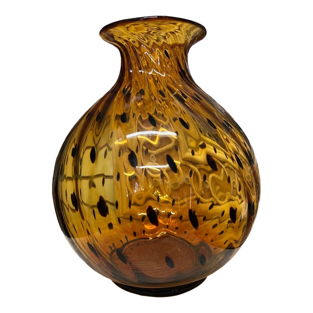 Vintage Hand Blown Amber Swirl Tortoise Spotted Glass Vase For Sale
