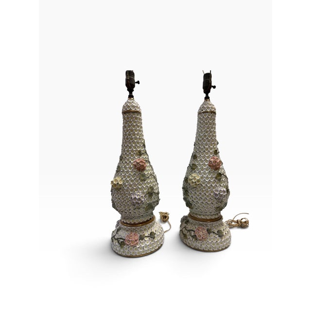 Rococo Antique Meissen Style Porcelain "Schneeballen" (Snowball) Vase Table Lamps - A Pair For Sale - Image 3 of 9