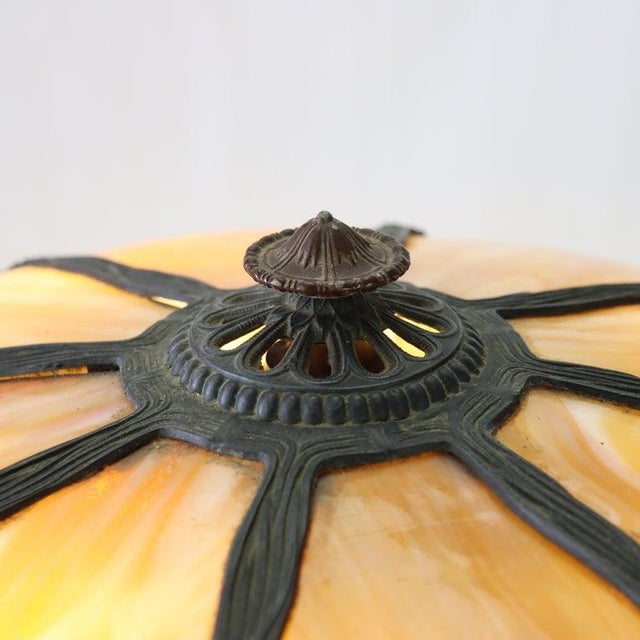 Gold Antique Bradley & Hubbard Attr Arts & Crafts 8 Panel Slag Glass Table Lamp C1920 For Sale - Image 8 of 10