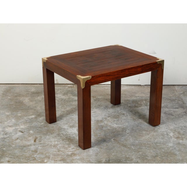 Mid 20th Century English Midcentury Campaign Style Side Table with Parquet Top and Brass Braces For Sale - Image 5 of 11