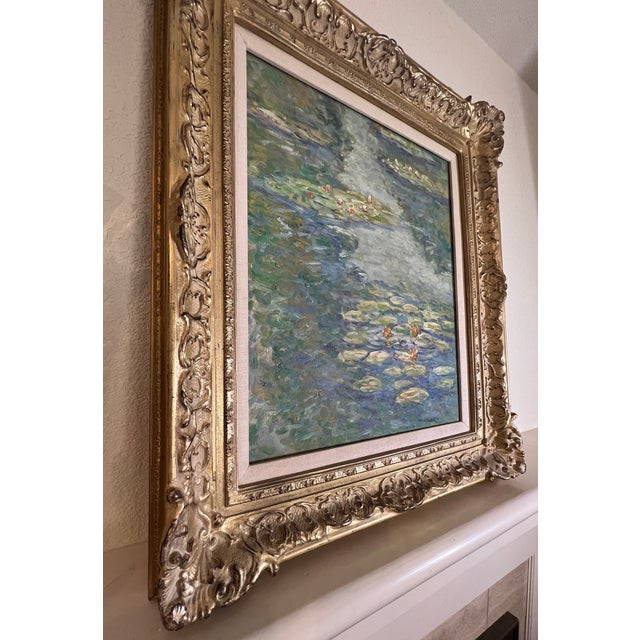 Wood 1980s Signed Oil Painting, Style of Monet's Water Lilies With Gold Ornate Frame For Sale - Image 7 of 18