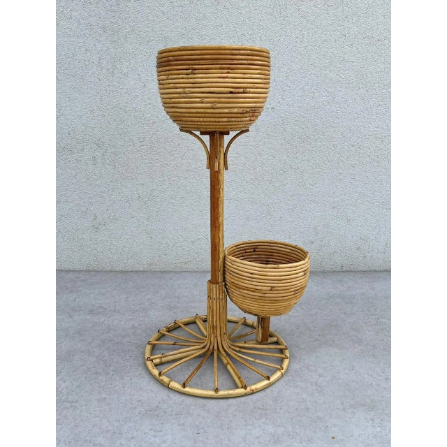 Mid-Century Modern Rattan Bamboo Plant Holder on Stand, 1970s For Sale - Image 3 of 9