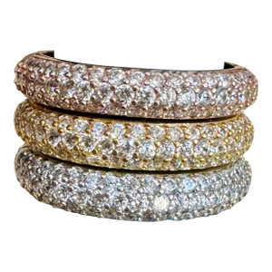 3 Carat Pave Set Diamond 3 Band in 14 Karat White , Yellow & Pink Gold , Size 7
