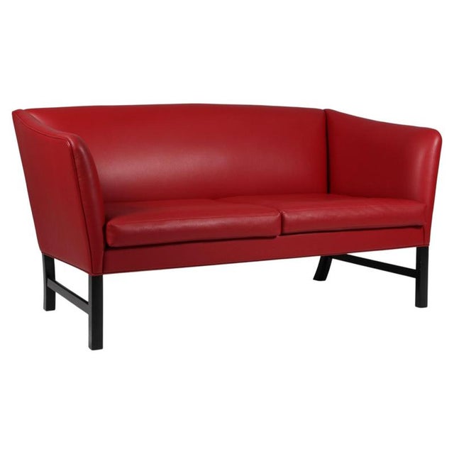 Black Two-Seater Sofa in Red Leather by Ole Wanscher For Sale - Image 8 of 8