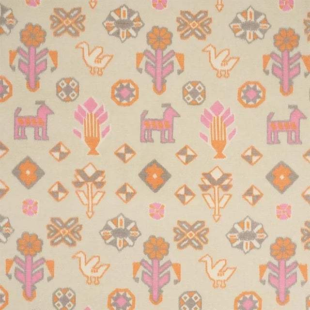 Figurative horses, birds, and flowers mingle across this happy pattern-a true warp print in an ikat style that's charming,...