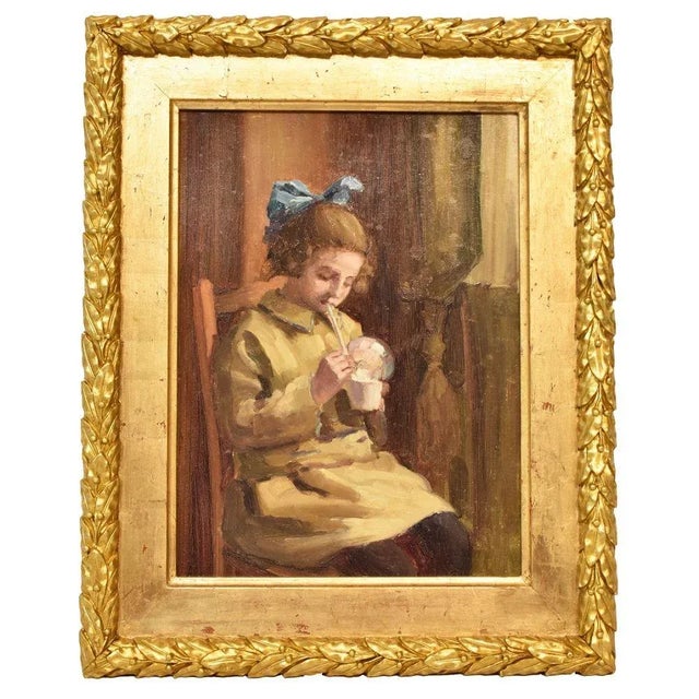 Portrait Painting, Child Playing, Oil Painting, Early 20th Century For Sale - Image 5 of 5