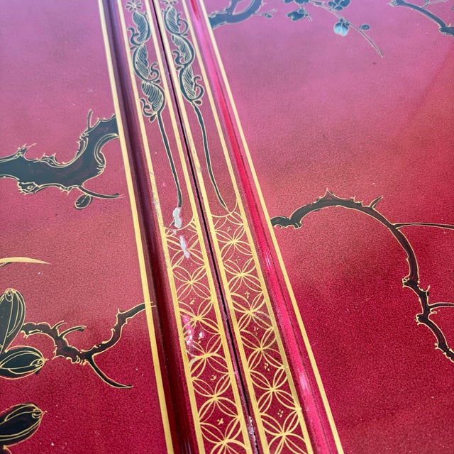 Chinese Red and Gold Lacquered Hand Painted Extendable Dining Table With Glass Top For Sale - Image 9 of 12