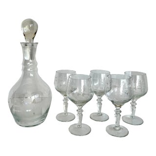 Vintage Etched Ship Schooner Decanter and Glasses Set of 6 For Sale