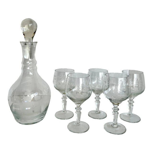 Vintage Etched Ship Schooner Decanter and Glasses Set of 6 For Sale