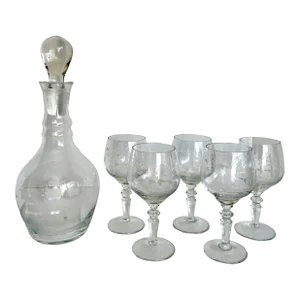 Vintage Etched Ship Schooner Decanter and Glasses Set of 6