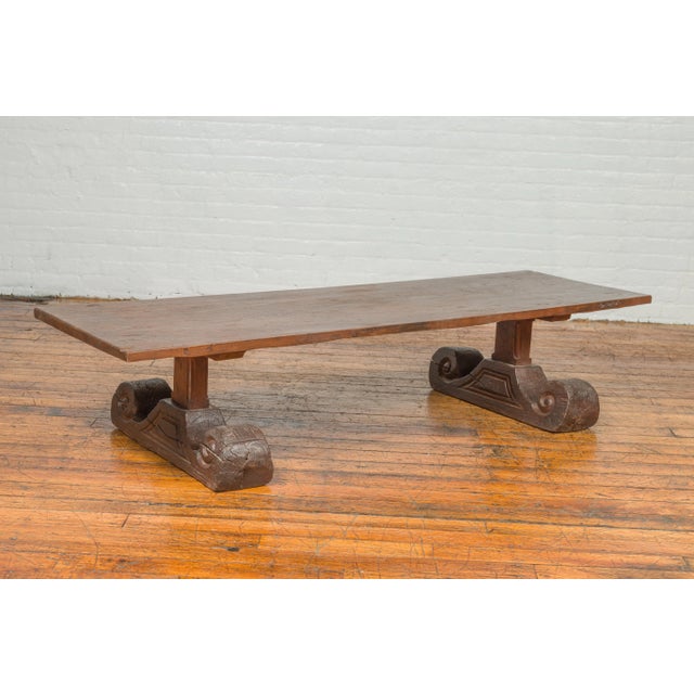 Rustic Chinese 19th Century Elm Coffee Table with Large Scrolling Feet For Sale - Image 9 of 13
