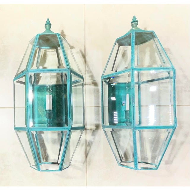 Exquisite Pair of Vintage Solid Brass Hexagonal Wall Lanterns For Sale In Miami - Image 6 of 17