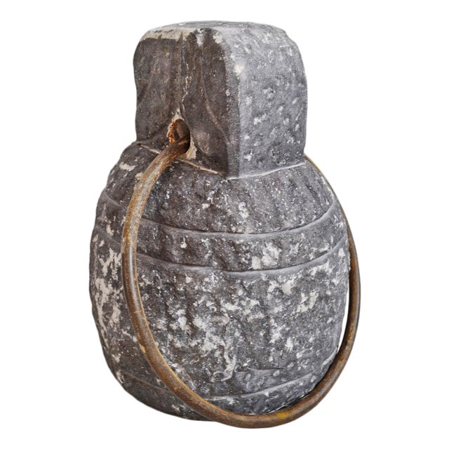 Vintage Rustic Industrial Stone Weight W/Iron Ring For Sale