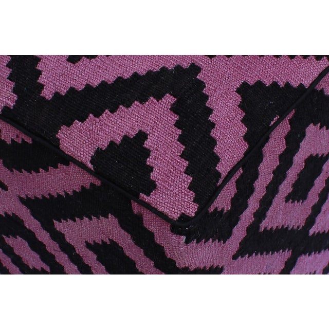 Abstract 1990s Boho Chic Tribal Handmade Kilim Upholstered Ottoman For Sale - Image 3 of 9