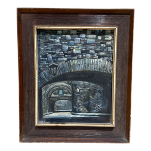 1970s Blue Gray Bridge Architectural Art Oil Painting
