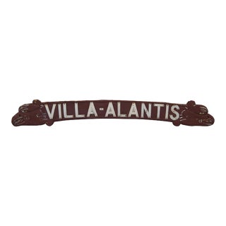 Vintage Mid 20th Century Villa Alantis Carved Wood & Metal Red Serpent Dragon Ad Sign For Sale