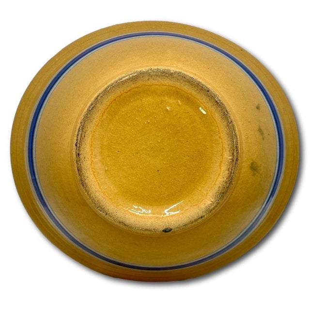 Antique Thick Yellow Ware 12 Inch Kitchen Mixing Bowl With Unusual 2 Color Blue Banded Decoration - Late 1800s. For Sale In Boston - Image 6 of 18