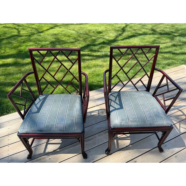 Air of Baker Chinoiserie Lacquered Lounge Chairs With Geometric Lattice Backs & Upholstered Seats For Sale - Image 15 of 18