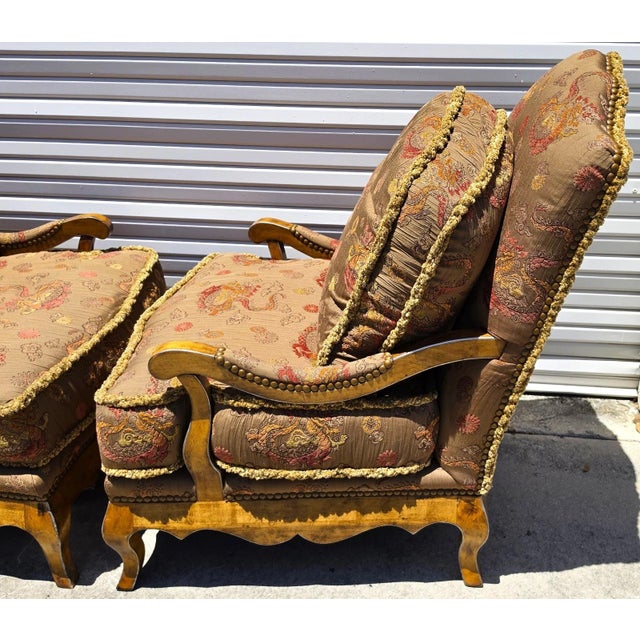 French Bergère Armchairs Chinoiserie Fabric Down Cushions by Classics Furniture For Sale - Image 13 of 15