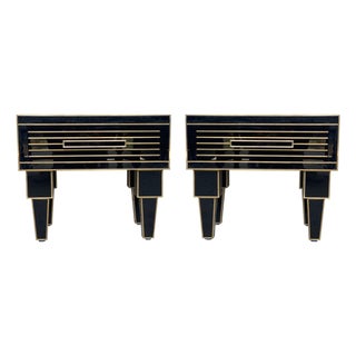 New Pair of Mirrored Low Nightstand in Black Mirror and Chrome with Drawer For Sale