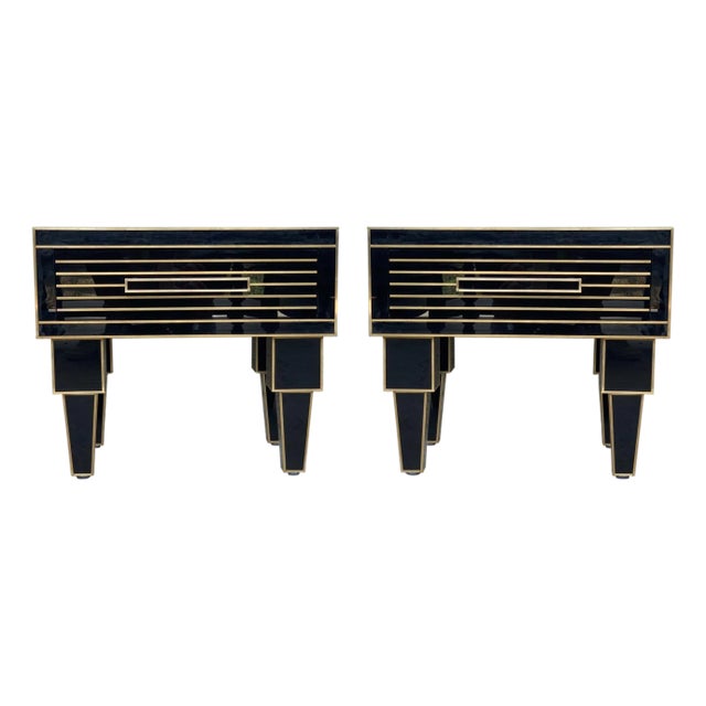 New Pair of Mirrored Low Nightstand in Black Mirror and Chrome with Drawer For Sale