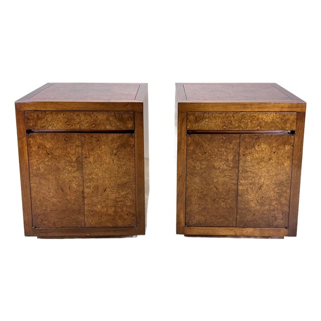 Mid Century Modern Milo Baughman Style Burlwood & Walnut Nightstands For Sale