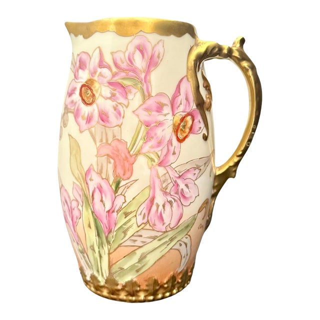 Early 1900s Elite Works Limoges Hand-Painted Narcissus Cider Pitcher For Sale