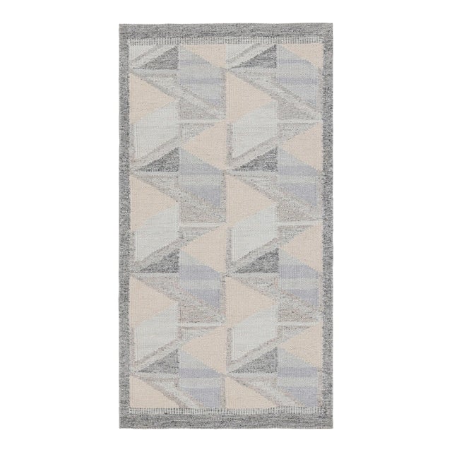 Rug & Kilim’s Scandinavian Style Runner Rug, Blue and Cream Geometric Pattern For Sale