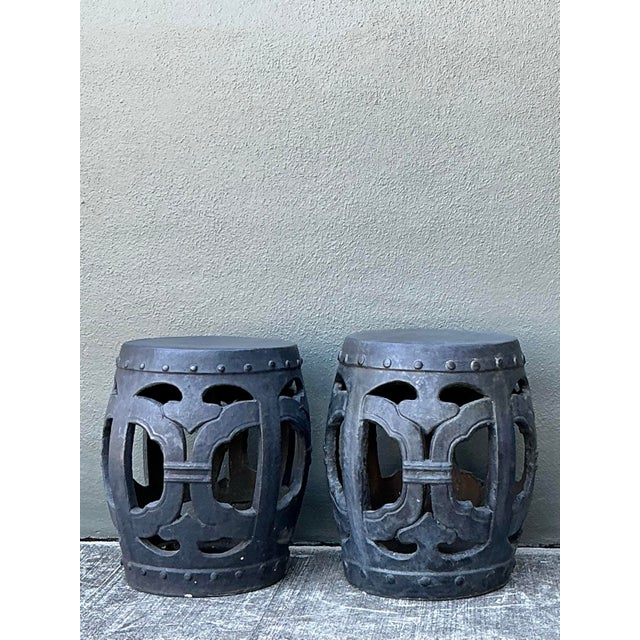 Early 21st Century Vintage Linked Rings Matte Glazed Ceramic Garden Stools - A Pair For Sale - Image 5 of 12