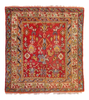 Antique Square Red Gold Light Blue Ivory Turkish Oushak Area Rug circa 1880-1900