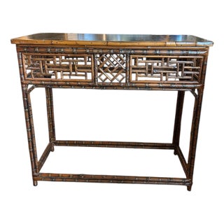 Antique Chinese 1800s Bamboo Chippendale Altar Table Console Black Lacquer Top Coastal For Sale