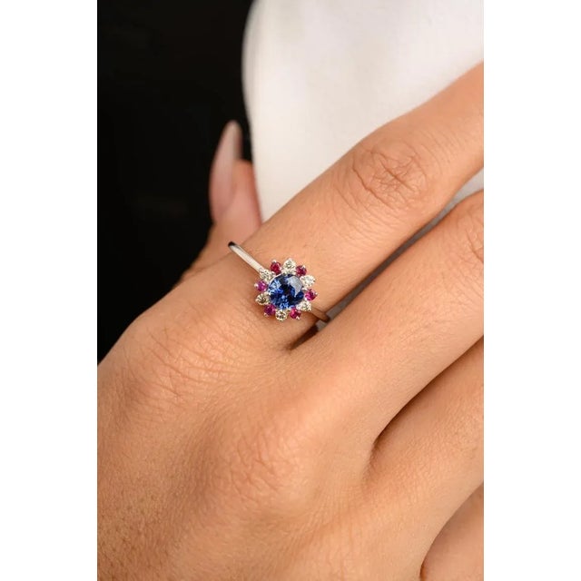 Sapphire Ruby Flower Wedding Ring With Diamonds in 14k White Gold Size 7 For Sale - Image 4 of 13