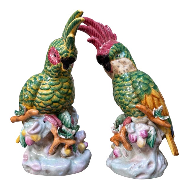 Pair Cockatoo Parrot Bird Figurines Table Sculptures - Hand Painting Chinese Porcelain Book Matching Set - Chelsea House Mottahedeh Style For Sale