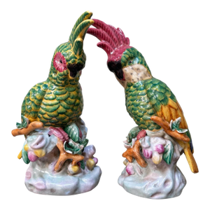 Pair Cockatoo Parrot Bird Figurines Table Sculptures - Hand Painting Chinese Porcelain Book Matching Set - Chelsea House Mottahedeh Style
