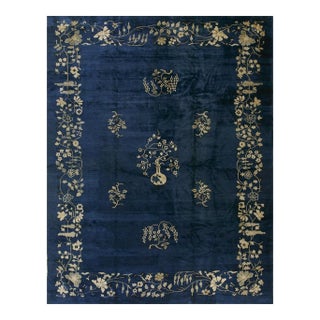 Navy Blue Vase Floral Deco 1920s Antique Chinese Peking Room Size Knotted Rug For Sale