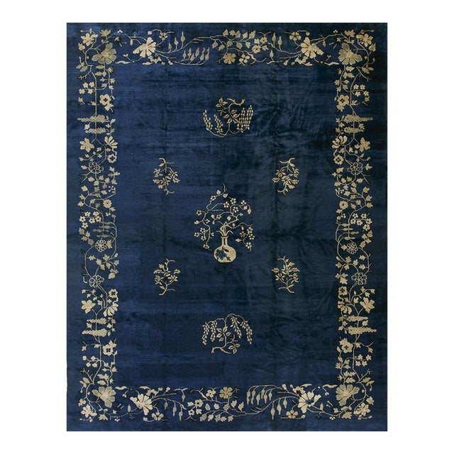 Navy Blue Vase Floral Deco 1920s Antique Chinese Peking Room Size Knotted Rug For Sale