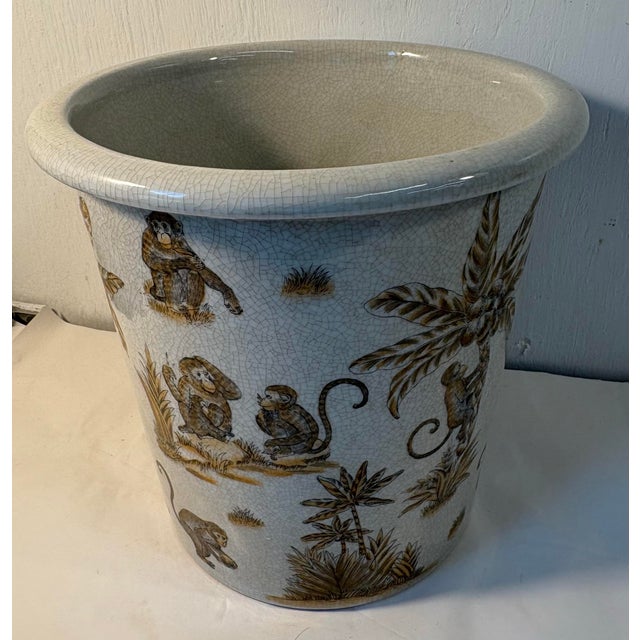 Vintage Amita Chinoiserie Porcelain Monkey Motif Cachepot For Sale - Image 4 of 7