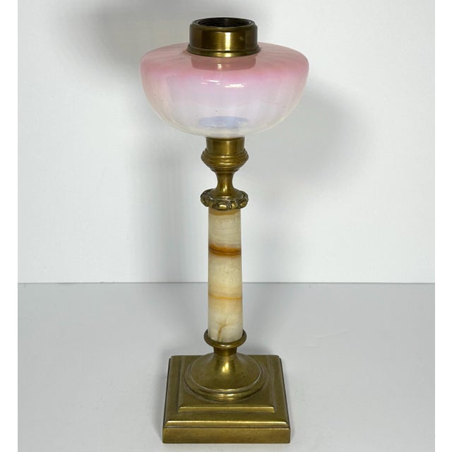 French Victorian Oil Lamp: Onyx & Brass Base with Iridescent Art Glass, c. 1870 For Sale - Image 3 of 10