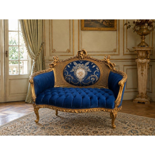 1940 French Artisan Louis XVI Gold Blue Beech Settee For Sale - Image 16 of 17