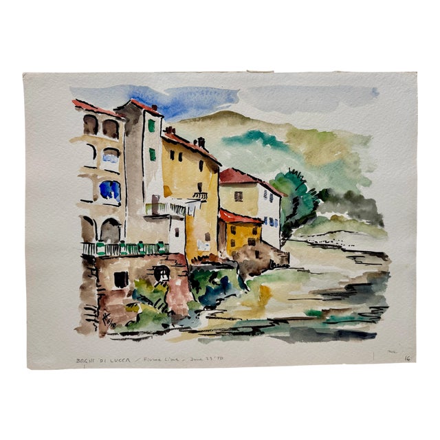 Henry Emil Salloch Original Watercolor on Paper Bagni Di Lucca, Fiume Lima. Italy. 1970. For Sale