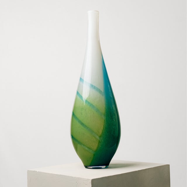 Mid-Century Modern White and Green Murano Glass Vase with Blue Stripes, 1980s For Sale - Image 3 of 3