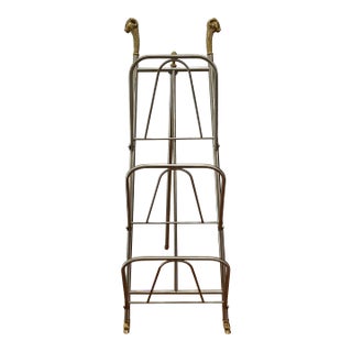 Maison Jansen Style Italian Vintage Steel and Brass Magazine Rack With Rams Head For Sale