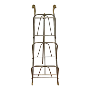 Maison Jansen Style Italian Vintage Steel and Brass Magazine Rack With Rams Head